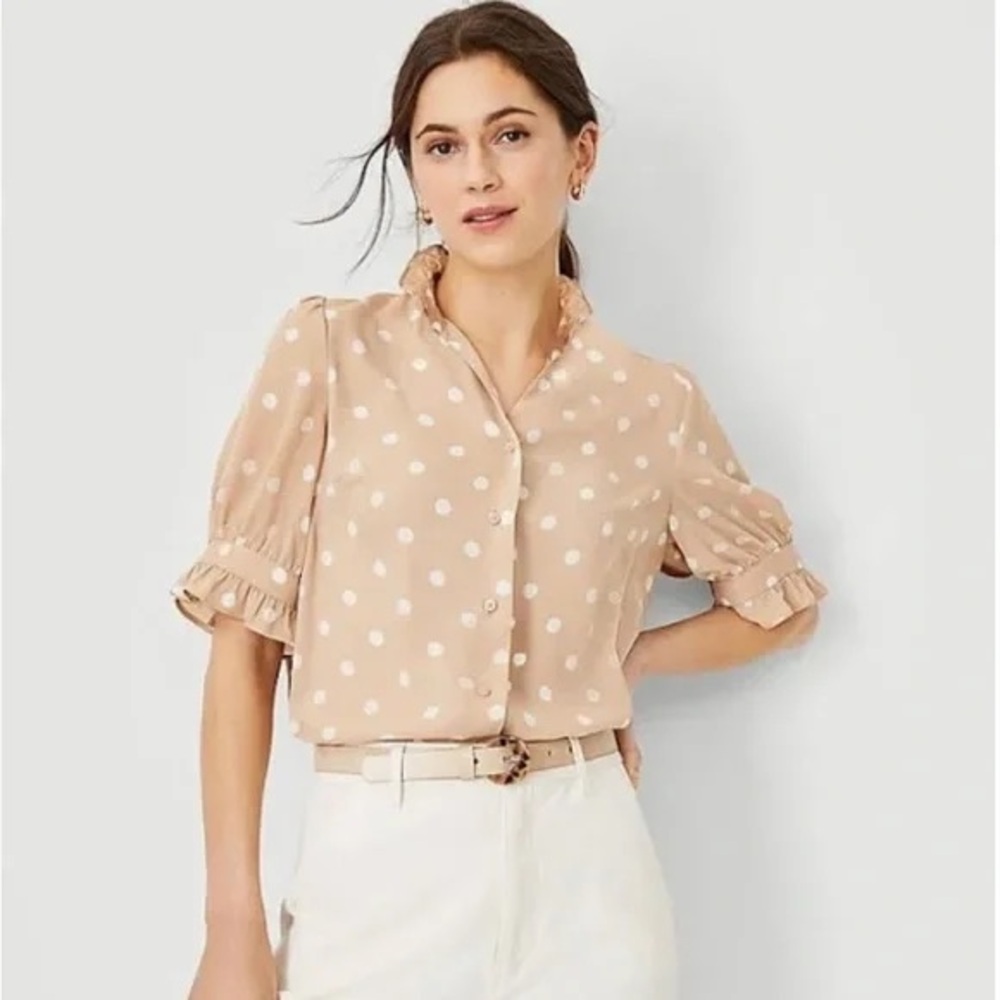 Ann Taylor Polka Dot Ruffle Sleeve Blouse - Tan